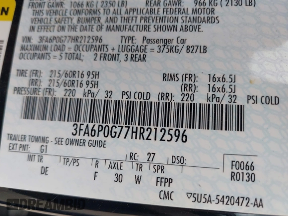 2017 Ford Fusion S with VIN 3FA6P0G77HR212596, listed as a IAAI auction lot 41910716 with 94,502 mi miles. Bid and sale history available at carsss.com. Image 9.