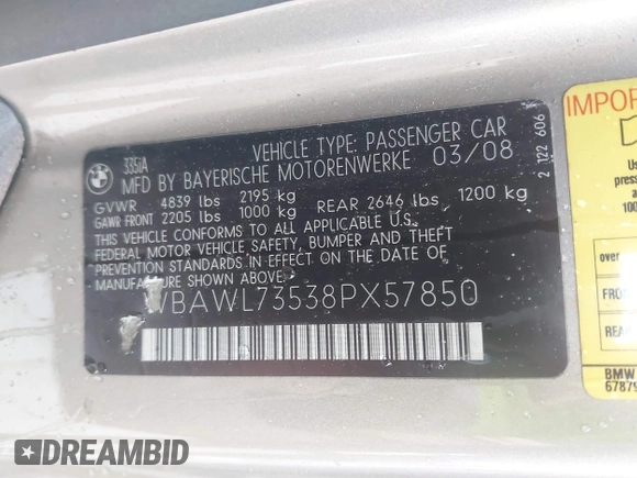 2008 BMW 3 Series 335i with VIN WBAWL73538PX57850, listed as a IAAI auction lot 41988596 with 134,390 mi miles and . Bid and sale history available at carsss.com. Image 9.