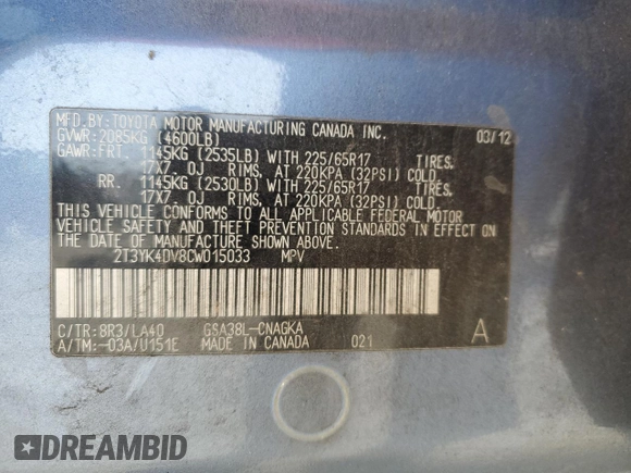 2012 Toyota RAV4 Limited with VIN 2T3YK4DV8CW015033, listed as a Copart auction lot 47965025 with 213,255 mi miles and Clean title. Bid and sale history available at DreamBid. Image 13.