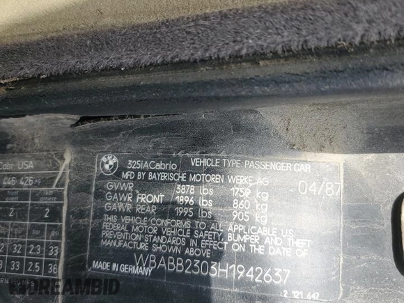 1987 BMW 3 Series z VIN WBABB2303H1942637, wystawiony jako Copart lot #59732834 z przebiegiem 167 593 mil mil oraz Szkoda całkowita • Salvage title. Historia ofert i sprzedaży dostępna na DreamBid. Obrazek 12.