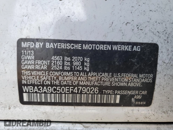 2014 BMW 3 Series 335i with VIN WBA3A9C50EF479026, listed as a Copart auction lot 42343485 with 115,192 mi miles and Clean Title. Bid and sale history available at carsss.com. Image 12.