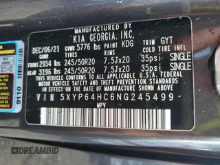 2022 Kia Telluride S with VIN 5XYP64HC6NG245499, listed as a Copart auction lot 54368215 with 31,624 mi miles and Salvage title. Bid and sale history available at DreamBid. Image 13.