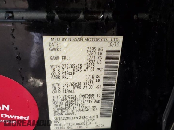 2015 Nissan Murano Platinum with VIN 5N1AZ2MHXFN280443, listed as a Copart auction lot 49432855 with 143,741 mi miles and Clean Title. Bid and sale history available at DreamBid. Image 13.