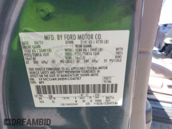 2011 Ford Escape Hybrid с VIN 1FMCU4K36BKC04787, выставлен на аукционе IAAI как лот 41947008 с пробегом 132 403 миль миль и . История ставок и продаж доступна на DreamBid. Изображение 9.