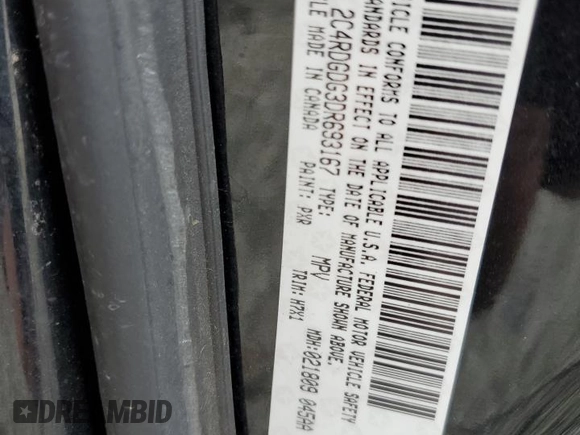 2013 Dodge Grand Caravan Crew with VIN 2C4RDGDG3DR693167, listed as a Copart auction lot 51666045 with 168,251 mi miles and Salvage Title. Bid and sale history available at DreamBid. Image 13.