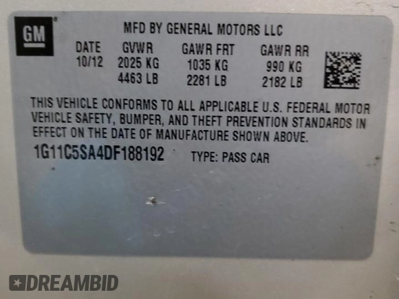 2013 Chevrolet Malibu LT with VIN 1G11C5SA4DF188192, listed as a Copart auction lot 51201635 with 109,781 mi miles and Salvage Title. Bid and sale history available at DreamBid. Image 14.