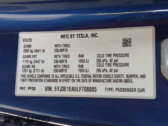 2020 Tesla Model 3 Standard Range Plus z VIN 5YJ3E1EA5LF708885, wystawiony jako IAAI lot #42172952 z przebiegiem 58 882 mil mil oraz . Historia ofert i sprzedaży dostępna na DreamBid. Obrazek 9.