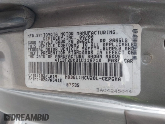 2001 Toyota Camry LE z VIN 4T1BF28K81U116710, wystawiony jako IAAI lot #41923429 z przebiegiem 145 741 mil mil oraz . Historia ofert i sprzedaży dostępna na DreamBid. Obrazek 9.