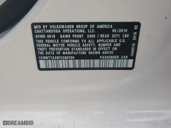 2015 Volkswagen Passat 1.8T Sport with VIN 1VWBT7A39FC095759, listed as a Copart auction lot 84266114 with 120,236 mi miles and Salvage Title. Bid and sale history available at carsss.com. Image 12.