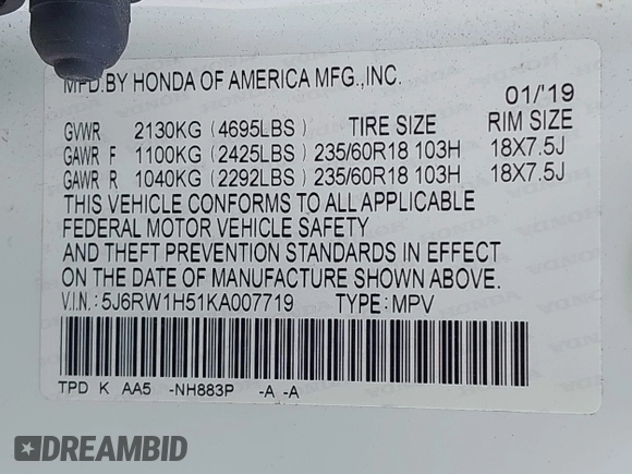 2019 Honda CR-V EX with VIN 5J6RW1H51KA007719, listed as a IAAI auction lot 41985574 with 58,696 mi miles. Bid and sale history available at carsss.com. Image 9.
