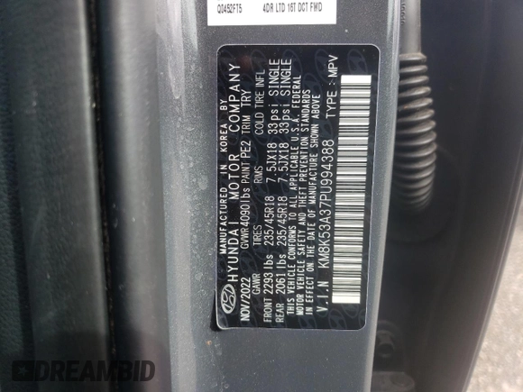 2023 Hyundai Kona Limited with VIN KM8K53A37PU994388, listed as a Copart auction lot 44437715 with 26,484 mi miles and Salvage Title. Bid and sale history available at carsss.com. Image 12.