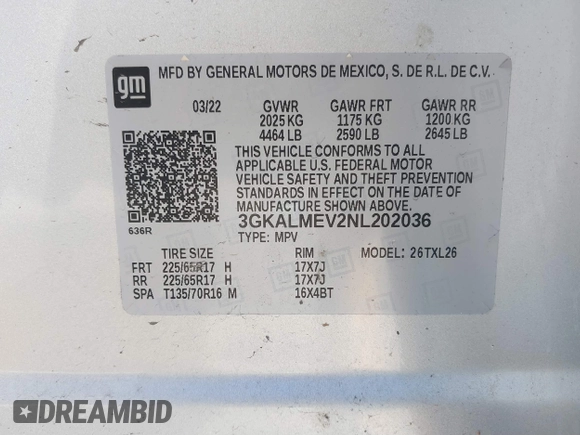 2022 GMC Terrain SLE с VIN 3GKALMEV2NL202036, выставлен на аукционе IAAI как лот 41622977 с пробегом 43 313 миль миль и . История ставок и продаж доступна на DreamBid. Изображение 9.