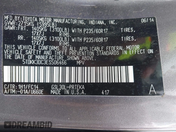 2014 Toyota Sienna LE AAS with VIN 5TDKK3DC3ES506466, listed as a IAAI auction lot 41908023 with 118,297 mi miles and . Bid and sale history available at carsss.com. Image 9.