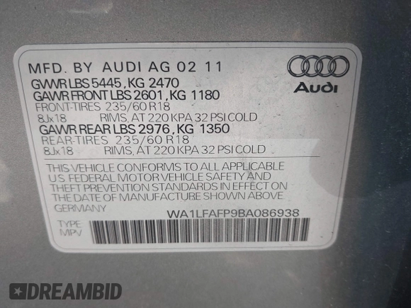 2011 Audi Q5 Premium Plus with VIN WA1LFAFP9BA086938, listed as a IAAI auction lot 42032036 with 118,684 mi miles and . Bid and sale history available at DreamBid. Image 9.