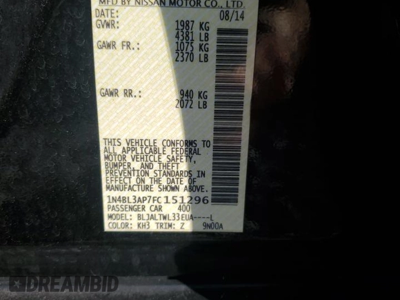 2015 Nissan Altima SL with VIN 1N4BL3AP7FC151296, listed as a Copart auction lot 64903395 with 140,216 mi miles and Clean title. Bid and sale history available at DreamBid. Image 12.