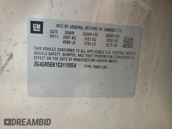 2012 Buick Regal with VIN 2G4GR5EK1C9115854, listed as a Copart auction lot 59727035 with 122,049 mi miles and Salvage title. Bid and sale history available at DreamBid. Image 13.