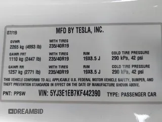 2019 Tesla Model 3 Long Range with VIN 5YJ3E1EB7KF442390, listed as a IAAI auction lot 41700122 with 65,539 mi miles. Bid and sale history available at carsss.com. Image 9.