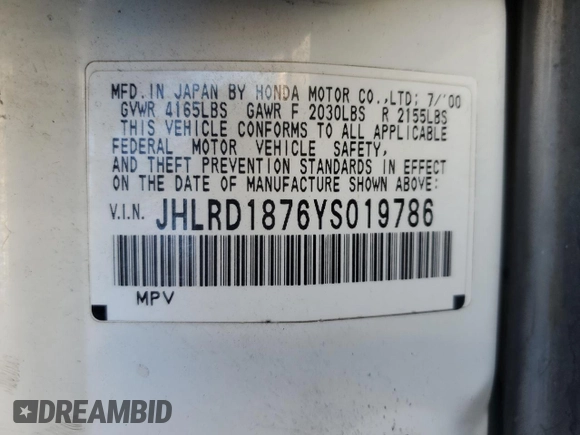 2000 Honda CR-V SE z VIN JHLRD1876YS019786, wystawiony jako Copart lot #88793865 z przebiegiem 168 507 mil mil oraz Szkoda całkowita • Salvage title. Historia ofert i sprzedaży dostępna na DreamBid. Obrazek 13.
