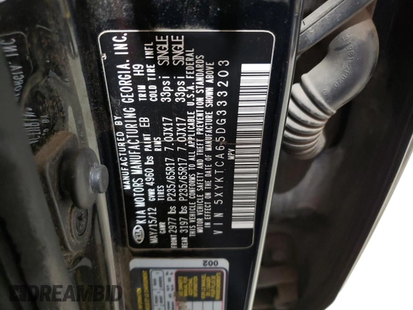 2013 Kia Sorento LX with VIN 5XYKTCA65DG333203, listed as a Copart auction lot 75594824 with 201,955 mi miles and Salvage Title. Bid and sale history available at carsss.com. Image 12.