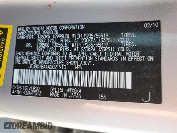 2010 Lexus RX 450h with VIN JTJBC1BA1A2021910, listed as a Copart auction lot 60155065 with Not provided miles and Salvage title. Bid and sale history available at DreamBid. Image 14.