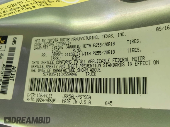 2016 Toyota Tundra 4WD Truck SR5 with VIN 5TFDW5F11GX559846, listed as a IAAI auction lot 41493209 with 258,296 mi miles. Bid and sale history available at carsss.com. Image 9.
