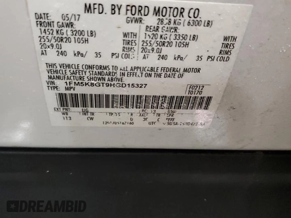 2017 Ford Explorer Sport with VIN 1FM5K8GT9HGD15327, listed as a Copart auction lot 46400435 with 276,393 mi miles and Salvage Title. Bid and sale history available at DreamBid. Image 13.