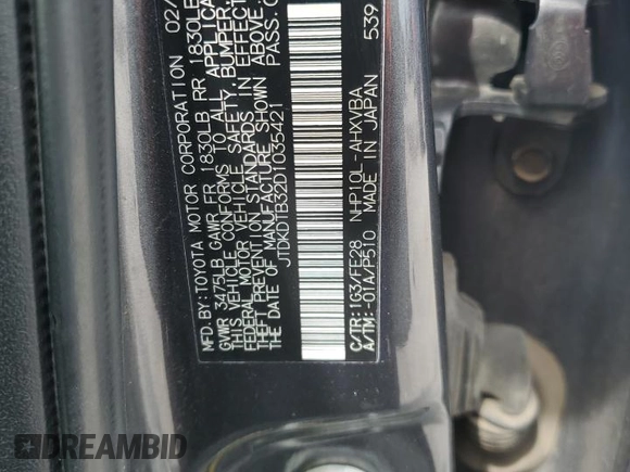 2013 Toyota Prius One with VIN JTDKDTB32D1035421, listed as a Copart auction lot 54380685 with 98,738 mi miles and Clean Title. Bid and sale history available at carsss.com. Image 13.