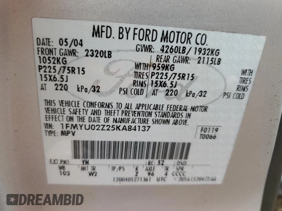 2005 Ford Escape XLS Value with VIN 1FMYU02Z25KA84137, listed as a Copart auction lot 43184705 with 151,605 mi miles and Salvage Title. Bid and sale history available at carsss.com. Image 14.