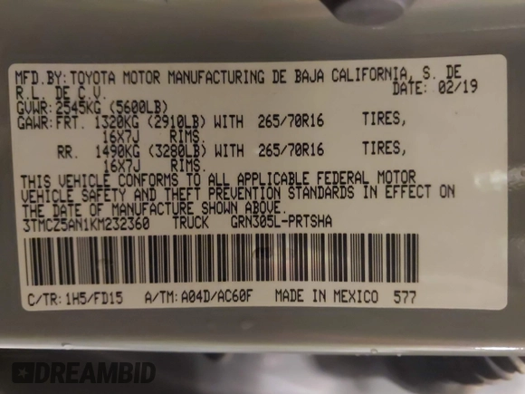 2019 Toyota Tacoma SR z VIN 3TMCZ5AN1KM232360, wystawiony jako IAAI lot #42006355 z przebiegiem 133 909 mil mil oraz . Historia ofert i sprzedaży dostępna na DreamBid. Obrazek 9.