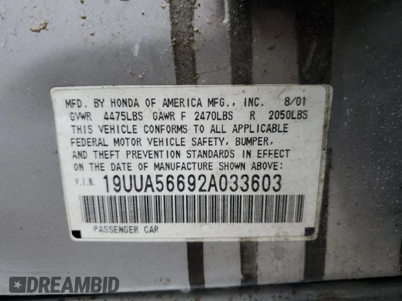 2002 Acura TL with VIN 19UUA56692A033603, listed as a Copart auction lot 53765694 with 0 mi miles and Salvage Title. Bid and sale history available at carsss.com. Image 13.