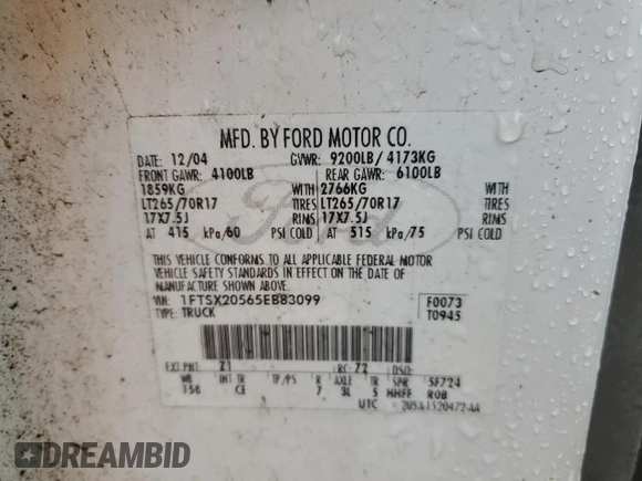 2005 Ford Super Duty F-250 XL with VIN 1FTSX20565EB83099, listed as a Copart auction lot 43036775 with 183,912 mi miles and Salvage Title. Bid and sale history available at carsss.com. Image 12.