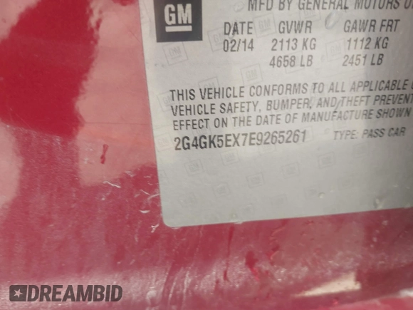 2014 Buick Regal with VIN 2G4GK5EX7E9265261, listed as a IAAI auction lot 42546501 with 152,054 mi miles and . Bid and sale history available at DreamBid. Image 9.