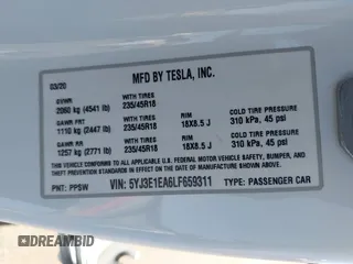 2020 Tesla Model 3 Standard Range Plus z VIN 5YJ3E1EA6LF659311, wystawiony jako IAAI lot #42363341 z przebiegiem 96 378 mil mil oraz . Historia ofert i sprzedaży dostępna na DreamBid. Obrazek 9.