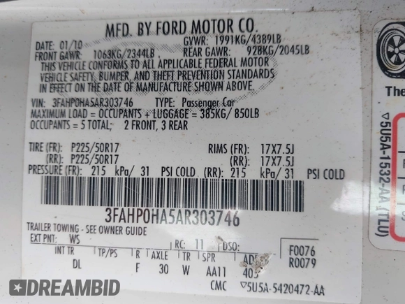 2010 Ford Fusion SE with VIN 3FAHP0HA5AR303746, listed as a IAAI auction lot 42628472 with 101,373 mi miles and . Bid and sale history available at DreamBid. Image 9.