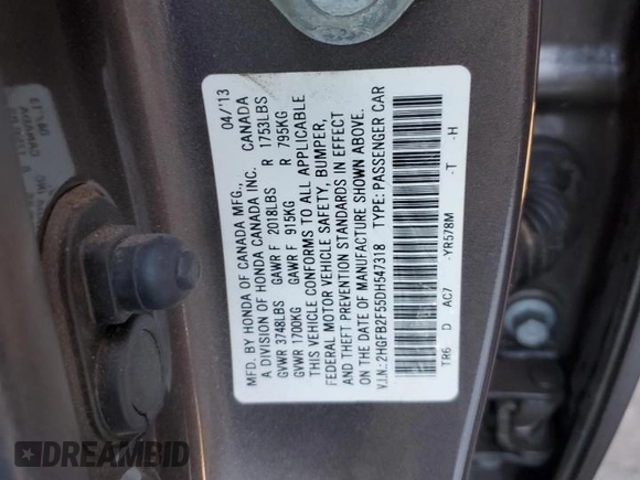 2013 Honda Civic LX z VIN 2HGFB2F55DH547318, wystawiony jako Copart lot #88117425 z przebiegiem 130 428 mil mil oraz Szkoda całkowita • Salvage title. Historia ofert i sprzedaży dostępna na DreamBid. Obrazek 13.