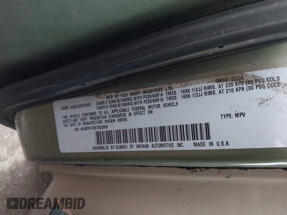 2005 Subaru Legacy Outback with VIN 4S4BP61C957352908, listed as a IAAI auction lot 42509392 with 162,401 mi miles and . Bid and sale history available at DreamBid. Image 9.