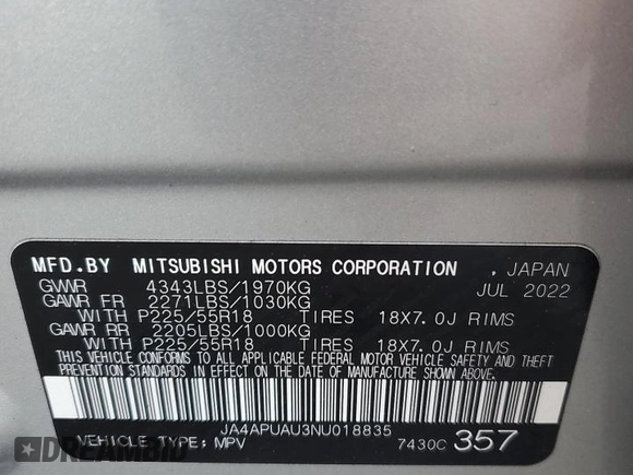 2022 Mitsubishi Outlander ES with VIN JA4APUAU3NU018835, listed as a Copart auction lot 50904185 with 44,773 mi miles and Non repairable. Bid and sale history available at DreamBid. Image 14.