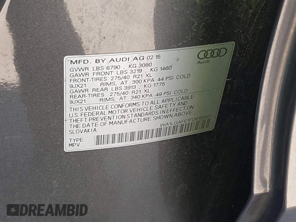 2015 Audi Q7 3.0T Premium Plus with VIN WA1LGAFE1FD015507, listed as a IAAI auction lot 41805130 with 158,687 mi miles. Bid and sale history available at carsss.com. Image 9.