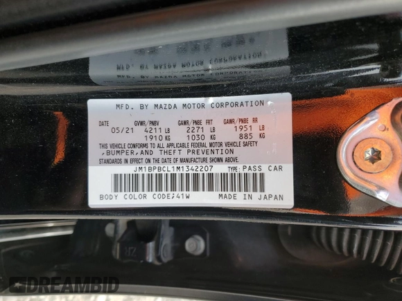 2021 Mazda 3 Preferred with VIN JM1BPBCL1M1342207, listed as a Copart auction lot 76626354 with 59,715 mi miles and Salvage Title. Bid and sale history available at DreamBid. Image 12.