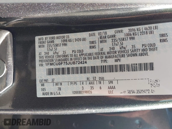 2018 Ford Escape S with VIN 1FMCU0F75JUB72424, listed as a IAAI auction lot 42379904 with 135,190 mi miles and . Bid and sale history available at DreamBid. Image 9.