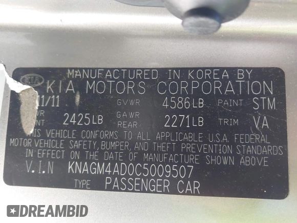2012 Kia Optima Hybrid with VIN KNAGM4AD0C5009507, listed as a IAAI auction lot 41551835 with 92,878 mi miles. Bid and sale history available at carsss.com. Image 9.