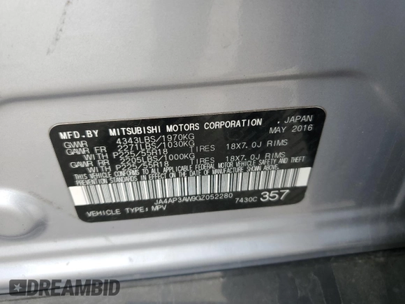 2016 Mitsubishi Outlander SE with VIN JA4AP3AW9GZ052280, listed as a Copart auction lot 59372525 with 70,872 mi miles and Salvage title. Bid and sale history available at DreamBid. Image 13.