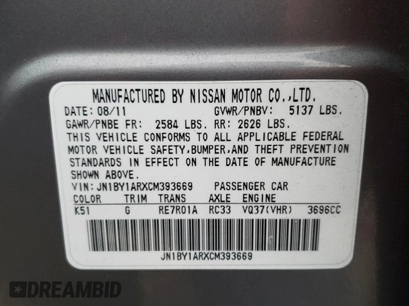 2012 Infiniti M37 with VIN JN1BY1ARXCM393669, listed as a Copart auction lot 79009254 with 158,001 mi miles and Clean Title. Bid and sale history available at carsss.com. Image 12.
