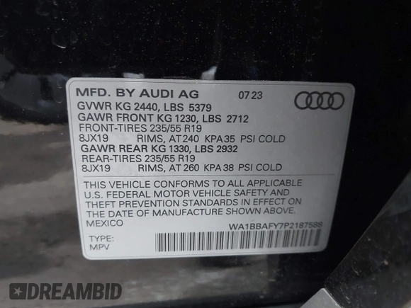 2023 Audi Q5 Premium Plus z VIN WA1BBAFY7P2187588, wystawiony jako IAAI lot #42052046 z przebiegiem 18 987 mil mil oraz . Historia ofert i sprzedaży dostępna na DreamBid. Obrazek 9.