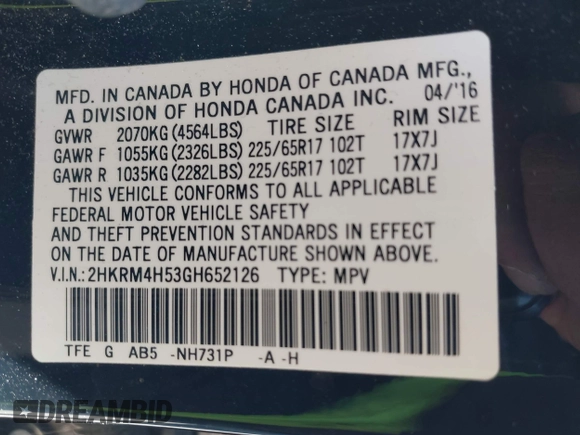 2016 Honda CR-V EX with VIN 2HKRM4H53GH652126, listed as a IAAI auction lot 42072753 with 82,201 mi miles and . Bid and sale history available at DreamBid. Image 9.