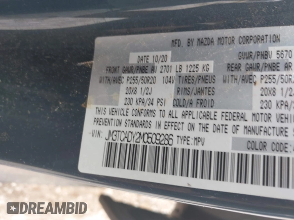 2021 Mazda CX-9 Grand Touring with VIN JM3TCADY2M0509286, listed as a IAAI auction lot 39976279 with 93,588 mi miles and . Bid and sale history available at DreamBid. Image 9.