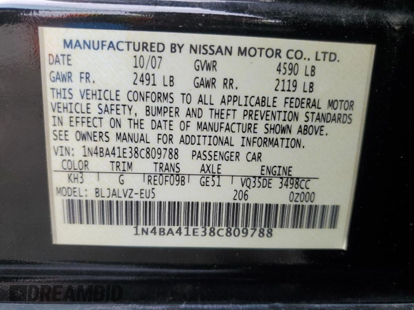 2008 Nissan Maxima SE with VIN 1N4BA41E38C809788, listed as a Copart auction lot 55996735 with Not provided miles and Salvage title. Bid and sale history available at DreamBid. Image 12.