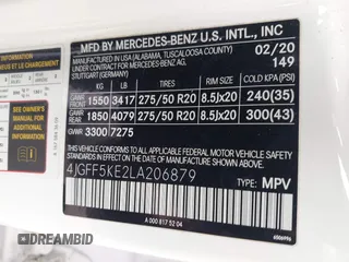 2020 Mercedes-Benz GLS 450 with VIN 4JGFF5KE2LA206879, listed as a IAAI auction lot 41851130 with 66,739 mi miles and . Bid and sale history available at DreamBid. Image 9.