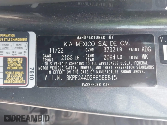 2023 Kia Forte LXS with VIN 3KPF24AD3PE566815, listed as a IAAI auction lot 41922482 with 20,790 mi miles and . Bid and sale history available at DreamBid. Image 9.