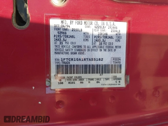 1994 Ford Ranger Splash с VIN 1FTCR10A1RTA55182, выставлен на аукционе IAAI как лот 41750348 с пробегом 83 534 миль миль и . История ставок и продаж доступна на DreamBid. Изображение 9.
